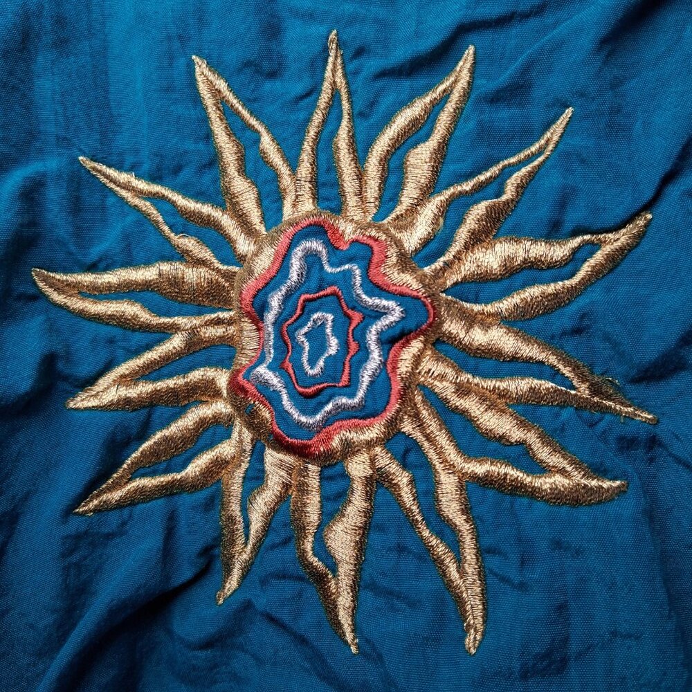 Vintage 1990s Bold Spirit Shirt Women Medium Turquoise Gold Sun Patch Celestial - Picture 9 of 13